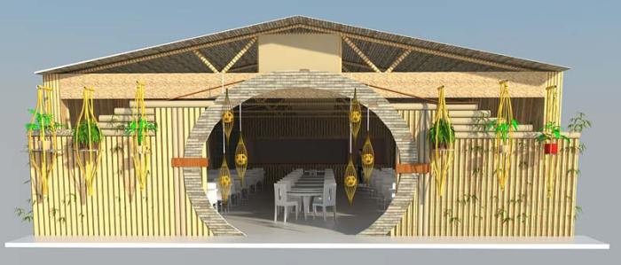 Desain rumah makan lesehan bambu